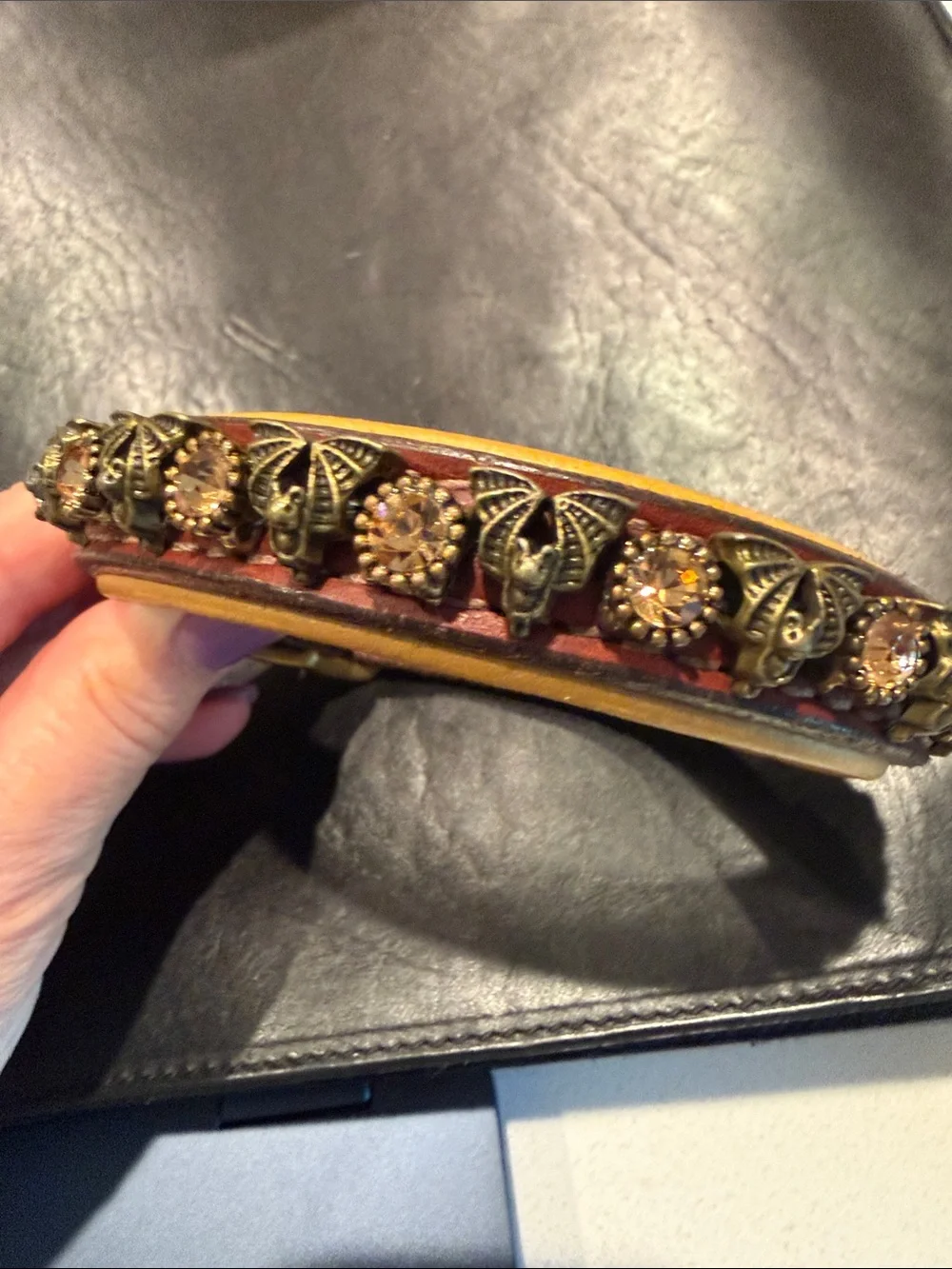 Amber Rhinestones, Bats and Leather Dog Collar